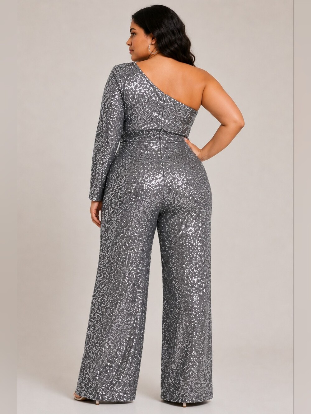 PrettyLittleThing Silver Sequin One Shoulder Wide Leg Jumpsuit | Party Glam - Picture 2 of 2